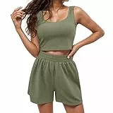 LCpddajlspig Zweiteiler Damen, Zweiteiler Damen Sommer Outfits 2 Teiler Set Crop Tank Top + Shorts Hosenanzug Sport Outfit Loungewear Y2k Sportanzug Gym Anzug Sportset Für Teenager Mädchen Grün L