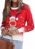 Saodimallsu Damen Weihnachtspullover Ugly Christmas Sweater Familie Herren Kinder Rundhals Langarm Weihnachten Strickpullover Rentier Muster Pullover,Rot Damen,M