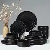 Joyfair Geschirrset 6 Personen, 18-tlg Steingut Geschirr Set, Reaktive Glasur Teller Set mit Speiseteller, Dessertteller und Müslischalen, Mikrowellen- & Spülmaschinenfest, Mysterium Schwarz