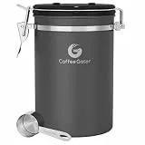 Coffee Gator-Edelstahl-Kaffeedose – Hält gemahlener Kaffee und Bohnen länger frisch – Behälter mit Datumsverfolgung, CO2-Freigabeventil und Messlöffel - Groß - Grau