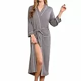HEARTNICE Damen Bademantel 100% Baumwolle lang leicht weich hautfreundlich saugfähig atmungsaktiv mit Tasche Kimono Kragen Spa (Grau, M)