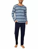 Aseniza Schlafanzug Herren Lang Baumwolle Pyjama Winter Warmer Langarm Herrenschlafanzug Zweiteilige Nachtwäsche Vater A#Blau XXL