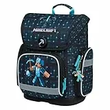 Baagl Schulranzen Jungen Mädchen für 1. Klasse, Ergo Schultasche Grundschule, Leichter Kinder Ranzen Tornister Schulrucksack mit Brustgurt (Minecraft Blue Axe)