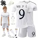 Heartsking Fussball Trikot Kinder Set, Heimtrikots/Auswärtstrikots Trikot Jungen, Fußball T-Shirt Shorts, Football socken, Schienbeinschoner, Fußbälle Jersey Schlüsselanhänger, Bracelet und Bandage