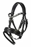 HKM Kids Hochwertige Ledertrense für Hobby Horsing – Englisches Reithalfter inkl. Zügel und Gebiss, individuell einstellbar mit austauschbarem Glitzer-Stirnriemen, Schwarz, One Size