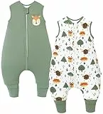 Chilsuessy 2er Pack Baby Schlafsack mit Füßen 2.5 Tog Winter Schlafsack Babyschlafsack mit Beinen Schlafstrampler für Jungen Mädchen, 2.5 Tog/Grün + Wald Tiere, 70cm/Baby Höhe 80-90cm