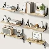 Pipishell 6 Stück Wandregal Holz und Metall, Wandregale zur Aufbewahrung, Regale Für Wände, Maximale Belastung 40lbs, Für Wohnzimmer, Schlafzimmer, Büro, Badezimmer oder Küche,Braun