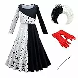 FYMNSI Mädchen Cruella Deville Kostüm Komplett Set, Kinder Cruella de Vil Cosplay Schwarz Weiß Langarm Kleid Perücke Handschuhe Stange 101 Dalmatiner Verkleidung für Halloween Fasching 9-10 Jahre
