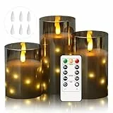 Cnulenzt Glas Flammenlose LED Kerzen, Batteriebetriebene mit eingebetteter Sternschnur-Lichterkette, led kerzen Mit Fernbedienung und Timer, Home Dekoration, Echtes Wachs, 3er-Set(Grau)