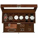 KILHS Uhrenbox mit 6 Fächern,Uhrenbox mit Glasdeckel,Uhrenaufbewahrung Box mit 1 Schublade zur Aufbewahrung von Schmuck, Ringen, Manschettenknöpfen usw.Braun