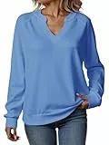 Tankaneo Sweatshirt Damen V Ausschnitt Pullover Leicht Elegant Langarmshirts Casual Baumwoll Oberteil Sexy Locker Pulli Basic Top Einfarbig Blau XL