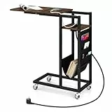 COSTWAY Beistelltisch C-förmig mit Ladestation, Sofatisch mit ausziehbarer Tischplatte & Seitentasche, Couchtisch mit Rollen, Kaffeetisch industriell für Wohnzimmer, Schlafzimmer (Braun)