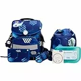 SCHOOL-MOOD Timeless Pro Schulranzenset 7-teilig 23,5L Stauraum, ergonomisches Easy Fit System für 1 m bis 1,50 m Körpergröße, standfest, wasserdichter Stoff mit Reflektoren (Jonas Fußball)