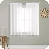 MRTREES Gardinen mit Kräuselband Stores Gardinen Weiß kurz transparent 150X140cm (HXB) Schlaufenschals 2er Set Vorhänge in Leinenoptik für Wohnzimmer Schlafzimmer Mädchen Jugend Curtains