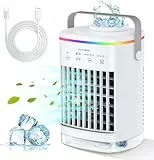 Mobile Klimaanlage, Tragbare Klimaanlage 3-in-1, 700ml Mini Klimaanlage mit 4 Geschwindigkeiten & 3 Nebelmodi, 2/4/6/8 H Timer Klimagerät, 7 Farben Nacht-LED Mini Luftkühler für Hause, Büro, Zimmer
