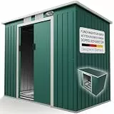 Juskys Metall Gerätehaus M 4 m³ mit Fundament, 213 x 130 x 173 cm, Geräteschuppen mit Pultdach & Schiebetür, Stahl Gartenhaus Garten Schuppen, grün