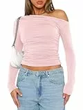 OOHOKAY Langarmshirt Damen Schulterfreies Oberteil Klassischer Basic Tshirt Crop Tops Y2K Slim Fit Oberteile Casual Shoulder Streetwear(Pink-j,L)