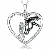 USEEDOVIA Mädchen & Pferd Herz Kette Halskette Damen 925 Ketten Schwarz | Mädchen Kette Herz Kette Silber Damen Ketten Schmuck Damen Geschenk für Frauen Mutter Weihnachten Geburstag mit Geschenkbox