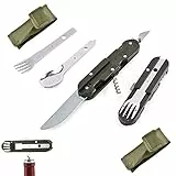 5-in-1 Outdoor Campingbesteck Set, Klappbesteck, Outdoor Besteck aus Edelstahl, Multifunktions Survival Reisebesteck, mit Oxford Tasche, Messer Gabel Löffel Flaschenöffner Set, für Camping und Outdoor