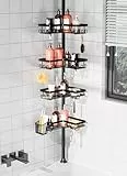 Teleskop Duschregal Ohne Bohren mit Zahnbürstenhalter – Duschablage Bad Organizer, 4 Körbe & Haken, Für Ecke/Wand (25-114 Zoll)