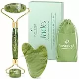 PLANTIFIQUE Jade Gesichtsroller und Gua Sha Stein Set - Natürliches Jade Face Roller & Guasha für Lymphdrainage und Massage Gesicht, Augenroller - Gesichtsmassage Roller