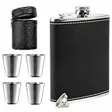 Flachmann, 8Oz Edelstahl Flachmann, Flachmann Edelstahl mit Trichter und 4 kleine Tassen, Geeignet zum Tragen von Alkohol, Taschen-Flachmann für Wandern und Party(Schwarz)