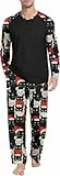 PrinStory Schlafanzug Herren Lang Pyjama Set Rundhals Langarm Oberteile Und Schlafhose Mit Taschen Nachtwäsche Hausanzug (Weißer Roter Hut Katze, XL)