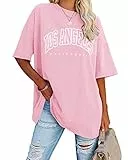 Ebifin Oversize T Shirt Damen Vintage Kurzärmeliges Rundhals Los Angeles Oberteile Tops Casual Lockere Basic Sommer Tee Shirts Bluse.Rosa.L