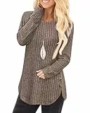 Tanmolo Damen Pullover Herbst Elegant Oberteile Langarm Strickpullover mit Knopfdetail und Kabelstruktur Leichter Arc-Saum Rundhals Pulli Kaffee, XXL