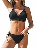 CUPSHE Damen Bikini Set V Ausschnitt Triangel Lace Trim Low Waist Schnürung Texturierte Bademode Zweiteiliger Badeanzug Swimsuit Schwarz M