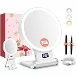 B Beauty Planet 30X/1X Kosmetikspiegel mit Beleuchtung, Digitale Batterieanzeige, 4-in-1-Ständer, Doppelseitiger Kompaktspiegel mit 3-Farben-Licht, 2000mAh, Klappbar, Für Zuhause & Reisen
