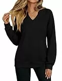 Aottori Sweatshirt Damen Langarmshirt Elegant Tiefer V-Ausschnitt Pullover Casual Baumwoll Locker Oberteil Basic Festlich Weich Shirt Einfarbig Schwarz XL
