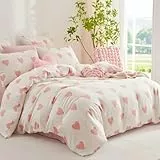 Nayoroom Doppelte Musselin Bettwäsche135x200 Baumwolle Rosa Weiß Herzen Bettbezug Set 2 Teilig Aesthetic Cute Clean Girl Herzmotiv Wende Bettwäsche und Kissenbezug 80x80 cm mit Reißverschluss
