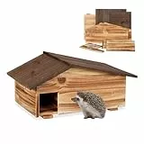 Relaxdays Igelhaus, Holz, Igelhotel mit Boden, 2 Kammern, Winterquartier für Igel, Garten, HBT: 24x46x33,5 cm, braun