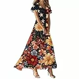Topassion Damen Sommer Kleider V-Ausschnitt Maxikleid Kurzarm Rüschensaum Strandkleid Freizeit Sommerkleid Lang Blumenkleid Freizeitkleider Hohe Taille Wickelkleid Boho Strand Dress(Multicolor,S)