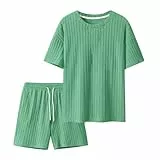 Tshirt Herren Atmungsaktive Sportlich Sommer Outfit Jogginganzug Elastischer Bund Mit Taschen T-Shirt Und Shorts 2-Teiliges Trainingsanzug Lose Basic Streetwear Freizeitanzug Hawaii Suit(Grün,XXL)