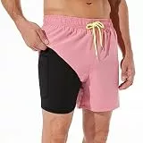 ineepor Badehose Herren mit Kompression Badehose mit innenhose Board Shorts 2 in 1 Reißverschlusstasche kurz Badehose,Rosa,4XL
