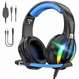 Krysenix PG1 RGB Gaming Headset für PS4, PS5, PC, Xbox,Switch, PS5 Gaming Kopfhörer mit LED Licht, Over Ear PC Headset mit Noise Cancelling Mikrofon und 3,5 mm Klinke,Schwarz/Blau
