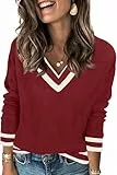 Saodimallsu Damen Pullover Langarm V-Ausschnitt Strickpullover Leicht Gestreifte Strick Tops Lässig Basic Pulli Herbst Winter Oberteile Weinrot L