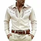 Herren Hemd Western Cowboy Stil 3D Druck Weiß Vintage Mittelalter Hemden Stickerei Optik Langarm Männer Karneval Kostüm Party Oberteil Regular Fit Faschingskostüm