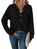 Tanmolo Hoodie Damen Kapuzenpullover Knopfleiste Leichter Pullover Langarm Sweatshirt Tops für Herbst Schwarz, XL