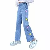 Rolanko Mädchen Jean Hosen Loch Denim Blau Jeans, Vintage Hose mit Weitem Bein für Kinder Fit, Blue Color Fly, Größe: 130