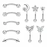 Longbeauty 16G Chirurgenstahl Bananabells Gebogen Barbell Piercing Zirkonia Lippen Augenbrauen Labret Septum Bauch Ring 8MM Stablänge, 10 Pcs, Silber