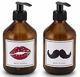Lifestyle Lover Seifenspender 2er Pack aus Braunglas, Bernsteinfarben für Seife Spüli Shampoo Lotionen Braun Glas, (Kussmund & Schnurrbart 300ml)