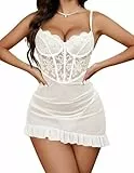 Avidlove Damen Sexy Body Elegant Kleid Spitze Dessous Set Reizwäsche Kurz Nachthemd Mesh Babydoll Push Up BH mit Bügel Plissiertes Kostüm Party Outfit mit String Weiß M