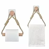 2er Set Toilettenpapierhalter ohne Bohren, Vintage Handtuchhalter aus Seil und Holz, Selbstklebende WC Papier Halterung, Industriestil Bad Dekoration, Boho Design, Geeignet für Badezimmer