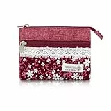 AfitLulu Kleines Portemonnaie Damen Canvas Geldbeutel Damen Klein, 2 Lagen Reißverschlusstaschen Mini Geldbörse Bohème-Stil Mini Portemonnaie für Münzen, Bargeld und Karten (Rot-Blume)