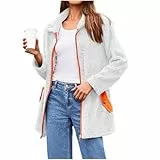 EMATOP Damen Warm Fleecejacke Elegant Teddyfleece Wollmantel Bequeme Einfarbig Winterjacke Lang Flauschig Plüschjacke Langarm Full Zip Jacke Mode Revers Wintermantel mit Taschen Übergangsjacke