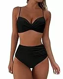 RXRXCOCO Damen Wickel Push Up Bikini Oberteil Bauchweg High Waist Bikini Set Bademode Schwarz Size XL