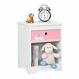 Relaxdays Nachttisch Kinder, Schwan-Design, Schublade & Staufach, Nachtschrank Kinderzimmer, HBT: 41x32x31cm, weiß/rosa